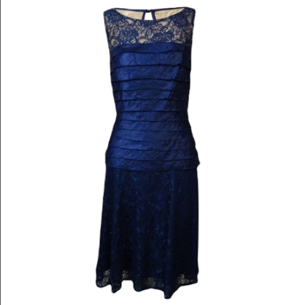 London Times Beautiful Sleeveless Blue Sheen Tiered Lace Dress Size 10